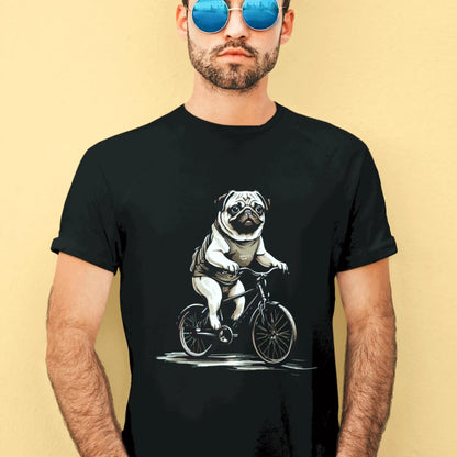 Playful cycling dog design on a relaxed-fit black shirt | Παιχνιδιάρικο σκυλάκι σε ποδήλατο πάνω σε άνετη μαύρη μπλούζα
