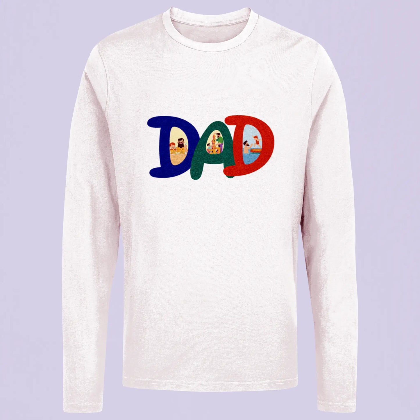 Playful dad and kids design on white long sleeve shirt | Σχέδιο παιχνιδιάρη μπαμπά και παιδιών σε λευκή μακρυμάνικη μπλούζα
