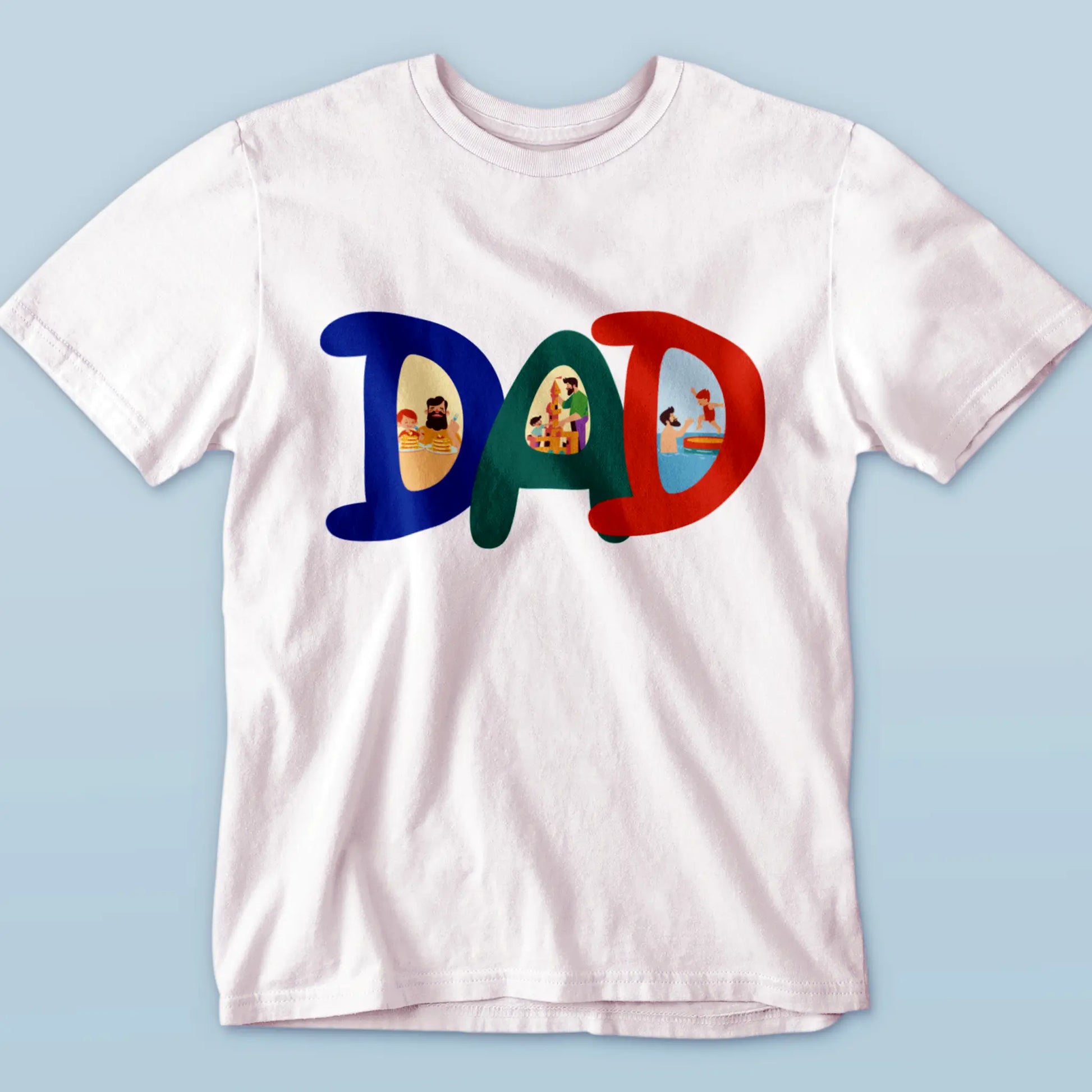 Playful dad design printed on a white t-shirt, celebrating fatherhood with family illustrations | Σχέδιο παιχνιδιάρη μπαμπά σε λευκό t-shirt, γιορτάζοντας την πατρότητα με οικογενειακές εικονογραφήσεις