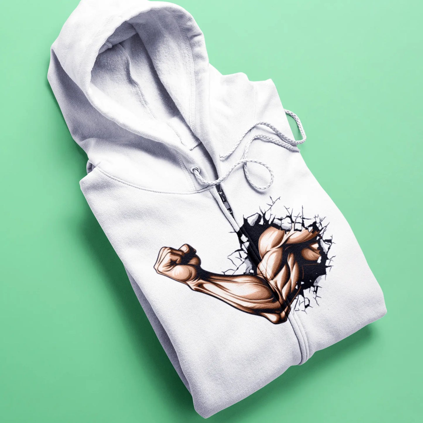 Power-themed white zip hoodie for lifters breaking limits – White zip hoodie με θέμα δύναμης για lifters που σπάνε όρια.