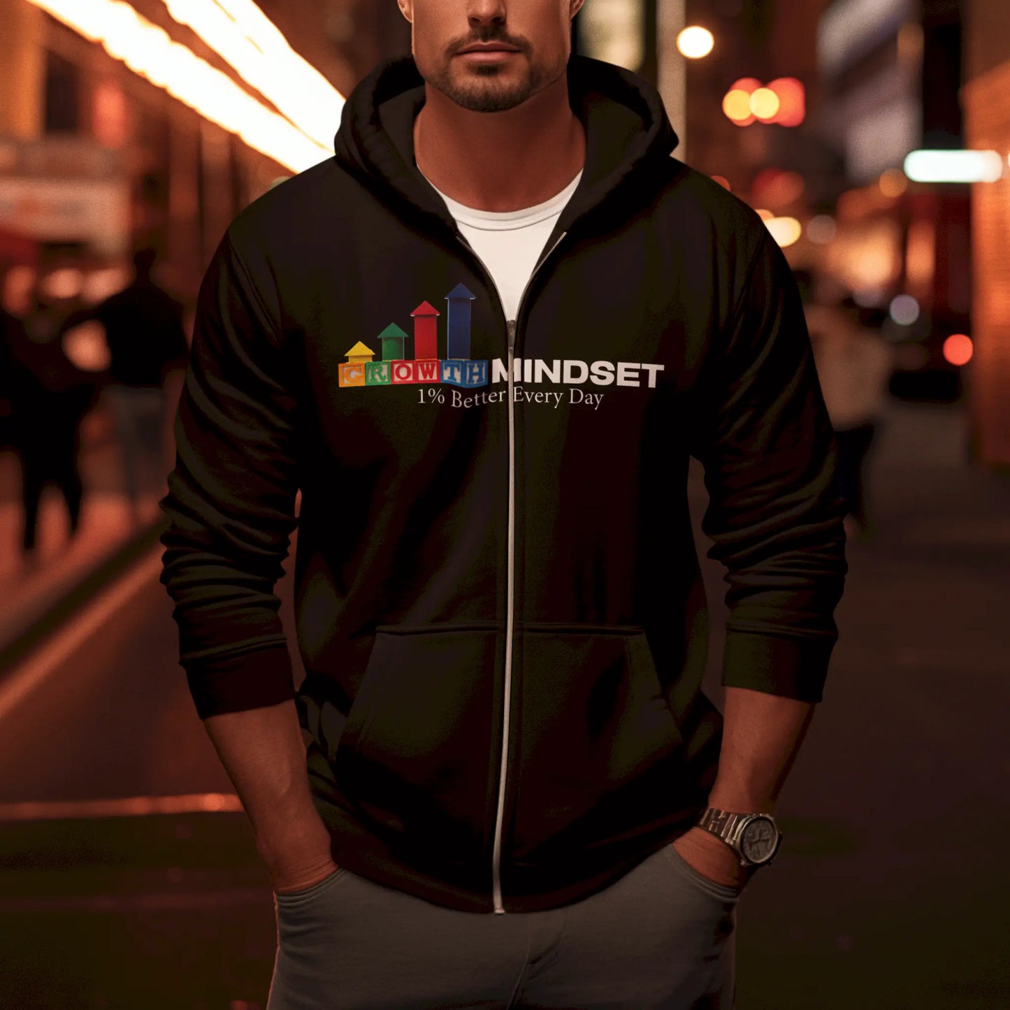 Powerful ‘Growth Mindset’ text accenting dark zip hoodie design – Ισχυρό κείμενο ‘Growth Mindset’ που αναδεικνύει το σκούρο design της ζακέτας