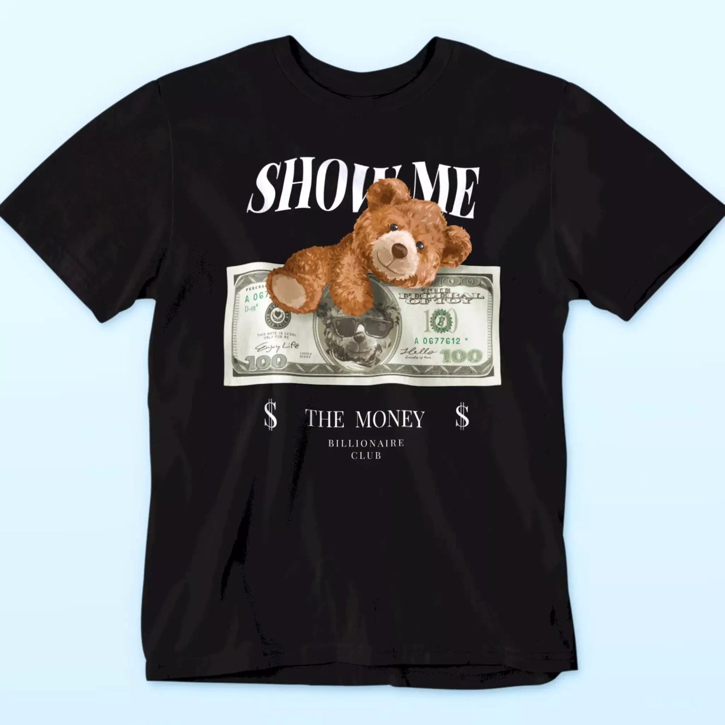 Premium black t-shirt featuring cartoon bear with bling and cash attitude – Premium μαύρο t-shirt με cartoon αρκουδάκι, κοσμήματα και στυλ χρήματος