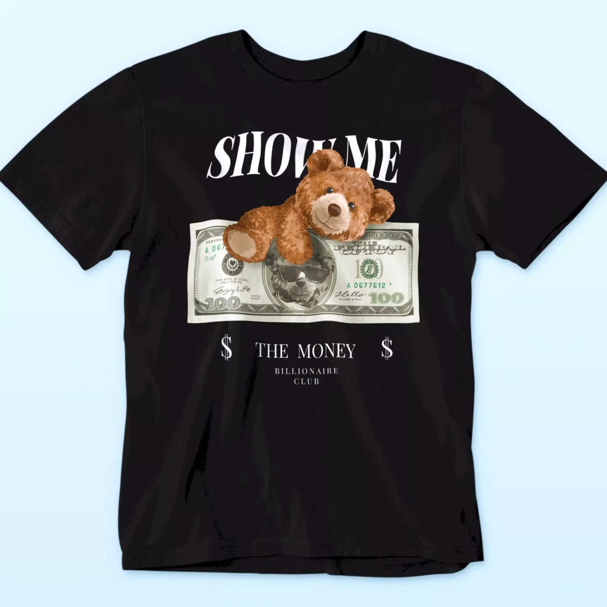 Premium black t-shirt featuring cartoon bear with bling and cash attitude – Premium μαύρο t-shirt με cartoon αρκουδάκι, κοσμήματα και στυλ χρήματος