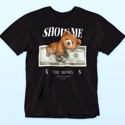 Premium black t-shirt featuring cartoon bear with bling and cash attitude – Premium μαύρο t-shirt με cartoon αρκουδάκι, κοσμήματα και στυλ χρήματος