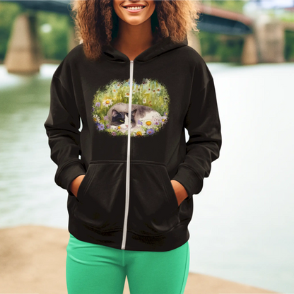 Premium black zip hoodie featuring magical watercolor cat artwork with colorful daisies meadow design - Μαύρο zip hoodie με μαγικό watercolor έργο τέχνης γάτας με πολύχρωμο σχέδιο λιβαδιού