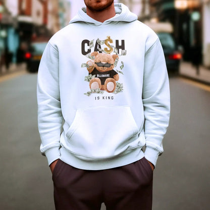 Premium white hoodie showcasing cash-themed bear artwork, ideal for bold streetwear – Ποιοτική λευκή κουκούλα με σχέδιο αρκούδου και χρήματα, τέλεια για τολμηρό streetwear στυλ