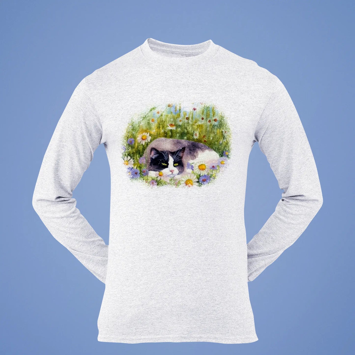 Premium white long sleeve showcasing serene cat artwork nestled in blooming meadow watercolor scene - Premium λευκό μακρυμάνικο με γαλήνιο σχέδιο γάτας φωλιασμένο σε ανθισμένο λιβάδι waterco