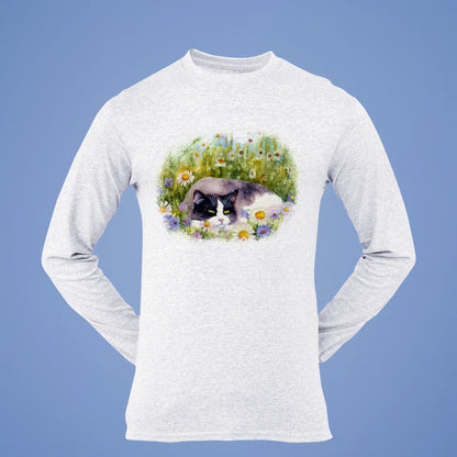 Premium white long sleeve showcasing serene cat artwork nestled in blooming meadow watercolor scene - Premium λευκό μακρυμάνικο με γαλήνιο σχέδιο γάτας φωλιασμένο σε ανθισμένο λιβάδι waterco