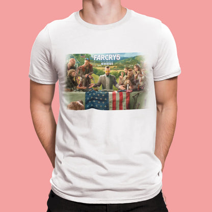 Premium white shirt with Hope County Last Supper artwork and subtle fade-out for a stunning look – Ποιοτικό λευκό shirt με artwork Hope County Last Supper και διακριτικό fade-out για εντπυπωσιακή εμφάνιση