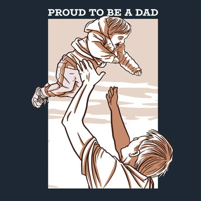 Proud To Be A Dad" graphic design featuring a happy father lifting his child high in the air, celebrating fatherhood joy / Σχέδιο με χαρούμενο μπαμπά που σηκώνει ψηλά το παιδί του, γιορτάζοντας τη χαρά της πατρότητας