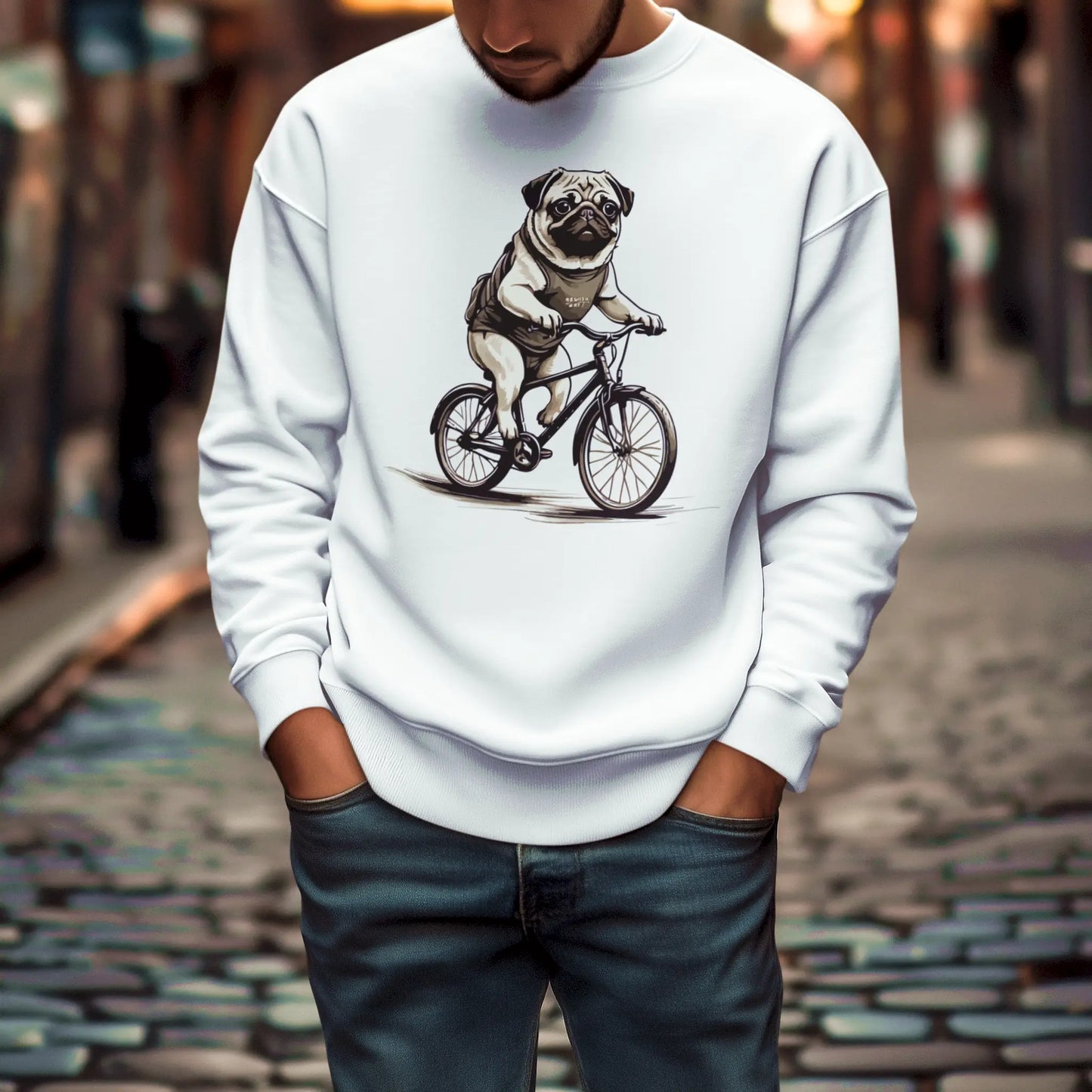 Pug on bike graphic printed on a warm white crewneck | Σχέδιο με pug σε ποδήλατο τυπωμένο σε ζεστό λευκό φούτερ