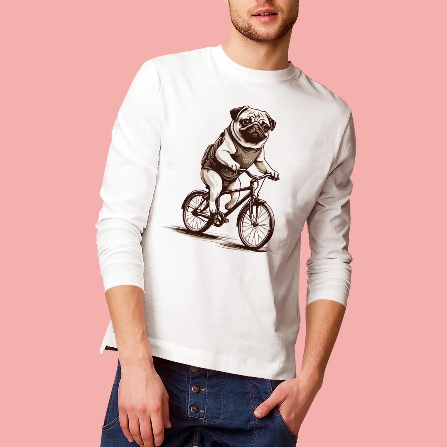 Pug riding bicycle graphic on long white sleeve tee | Pug σε ποδήλατο πάνω σε μακρυμάνικη λευκή μπλούζα