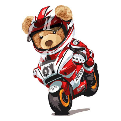 Racing teddy bear wearing a helmet and race suit in dynamic cartoon style – Αρκουδάκι οδηγός με κράνος και αγωνιστική φόρμα σε δυναμικό καρτουνίστικο στυλ, ιδανικό για streetwear και ρούχα motorsport αισθητικής