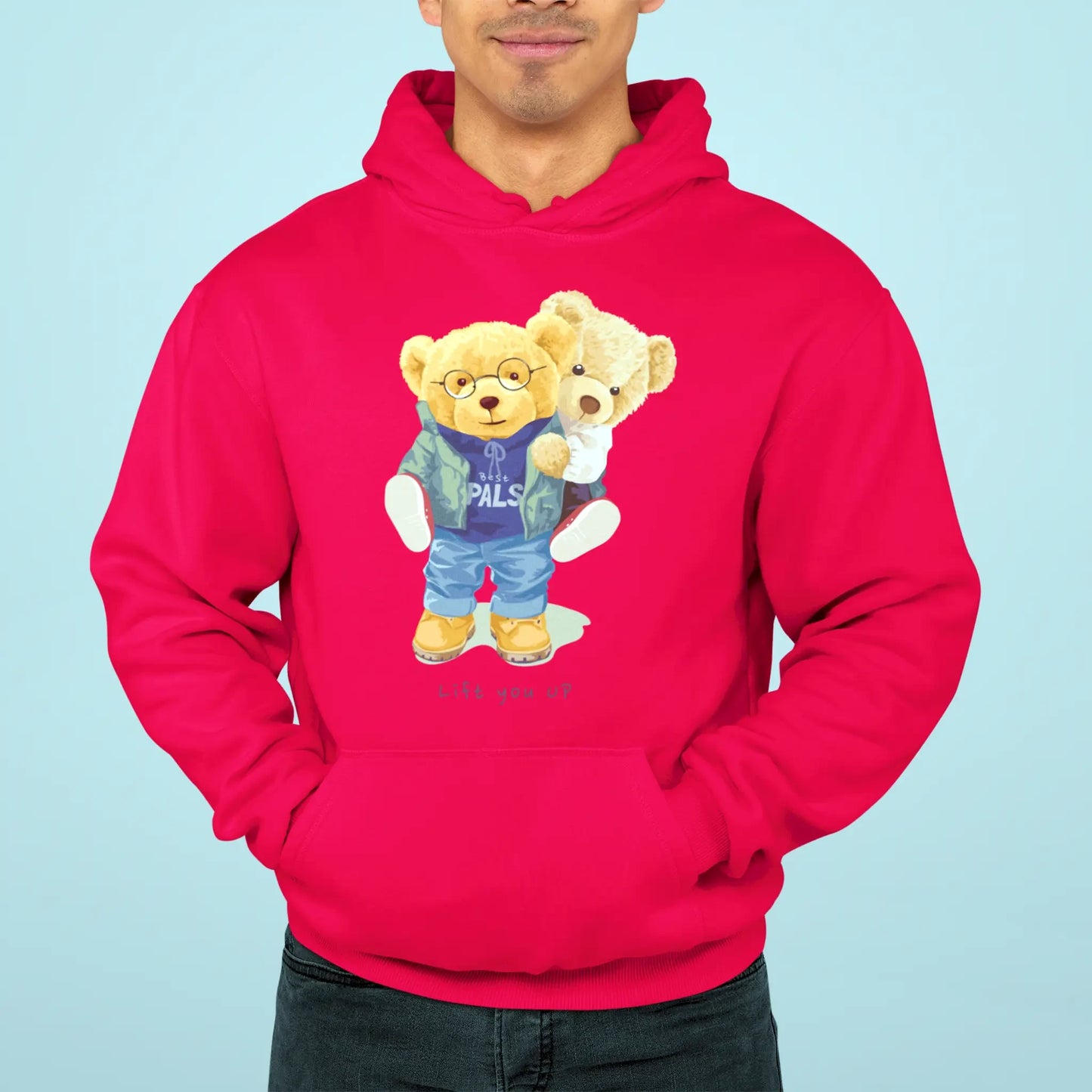 Red fleece sweatshirt with teddy bears showing unity and friendship – κόκκινο φούτερ που αποπνέει φιλικότητα.