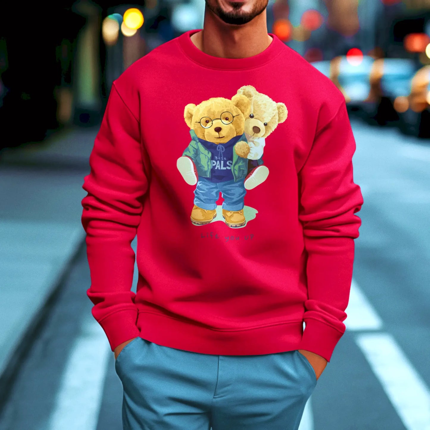 Red fleece sweatshirt with teddy bears showing unity and friendship – κόκκινο φούτερ που αποπνέει φιλικότητα