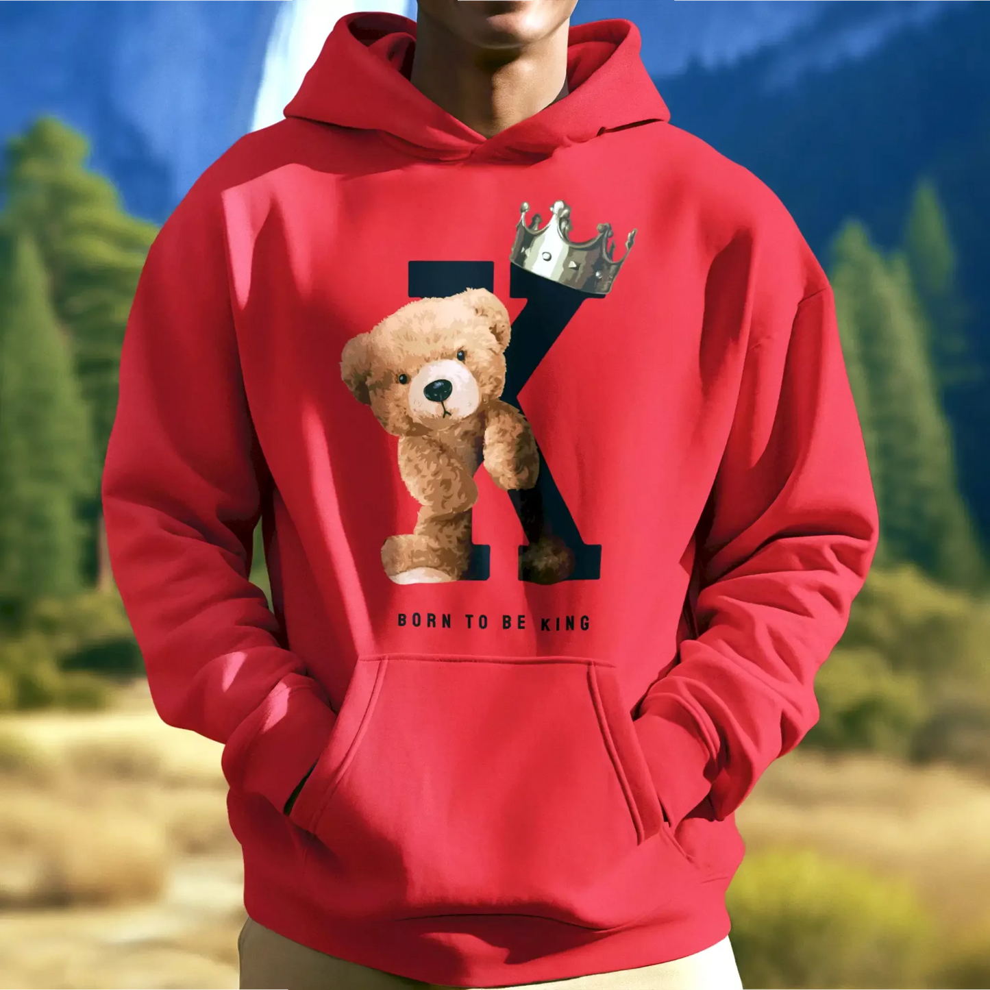 Red hoodie with king teddy print and bold red tones – Κόκκινο hoodie με print βασιλικό teddy bear σε έντονο κόκκινο φόντο