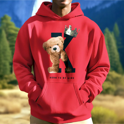 Red hoodie with king teddy print and bold red tones – Κόκκινο hoodie με print βασιλικό teddy bear σε έντονο κόκκινο φόντο