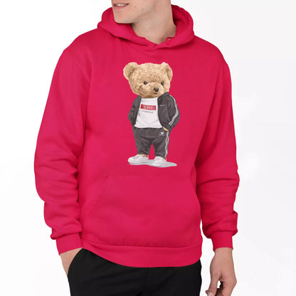 Red hoodie with sporty teddy print and positive vibe – κόκκινο hoodie με αθλητικό αρκουδάκι και θετική διάθεση