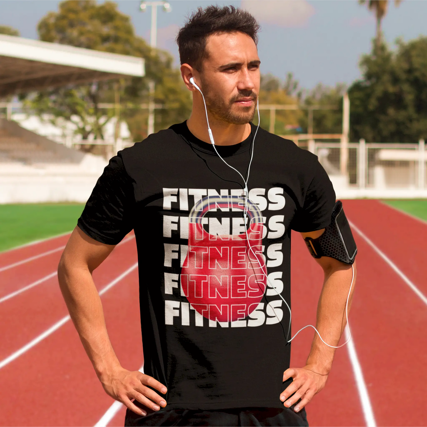 Red kettlebell pop effect on black tee with FITNESS overlay – Κόκκινο kettlebell που αναδύεται μέσα από γράμματα σε μαύρη μπλούζα