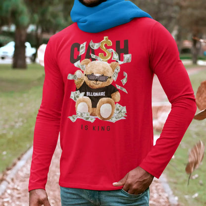 Red long sleeve shirt with a royal teddy bear flaunting cash, for attention-grabbing streetwear – Κόκκινο μακρυμάνικο με βασιλικό αρκούδο και χρήματα για εμφανίσεις που τραβούν βλέμματα