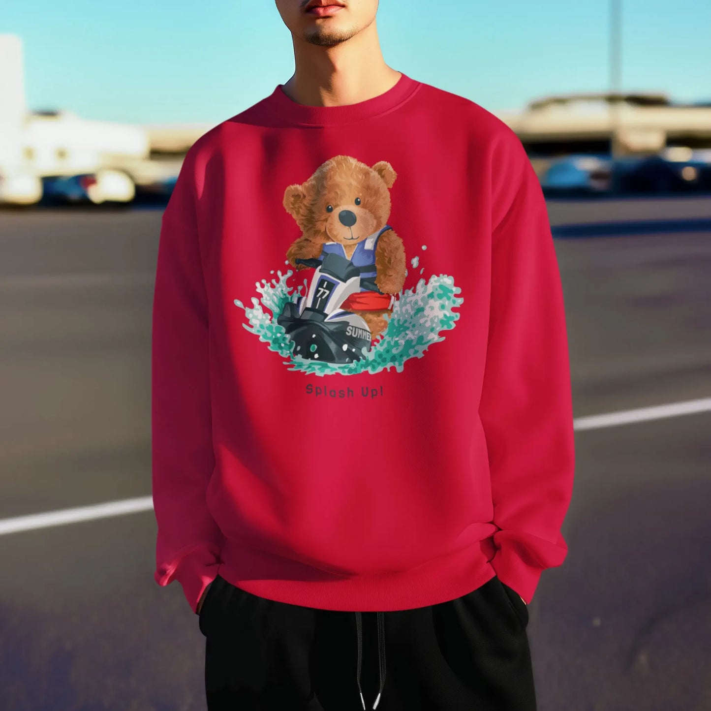 Red sweatshirt featuring Splash Up teddy bear – κόκκινο φούτερ με θερινό sporty στυλ