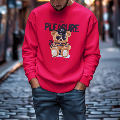 Red sweatshirt featuring a playful dominant teddy bear – Κόκκινη φούτερ με παιχνιδιάρικο dominant αρκουδάκι.