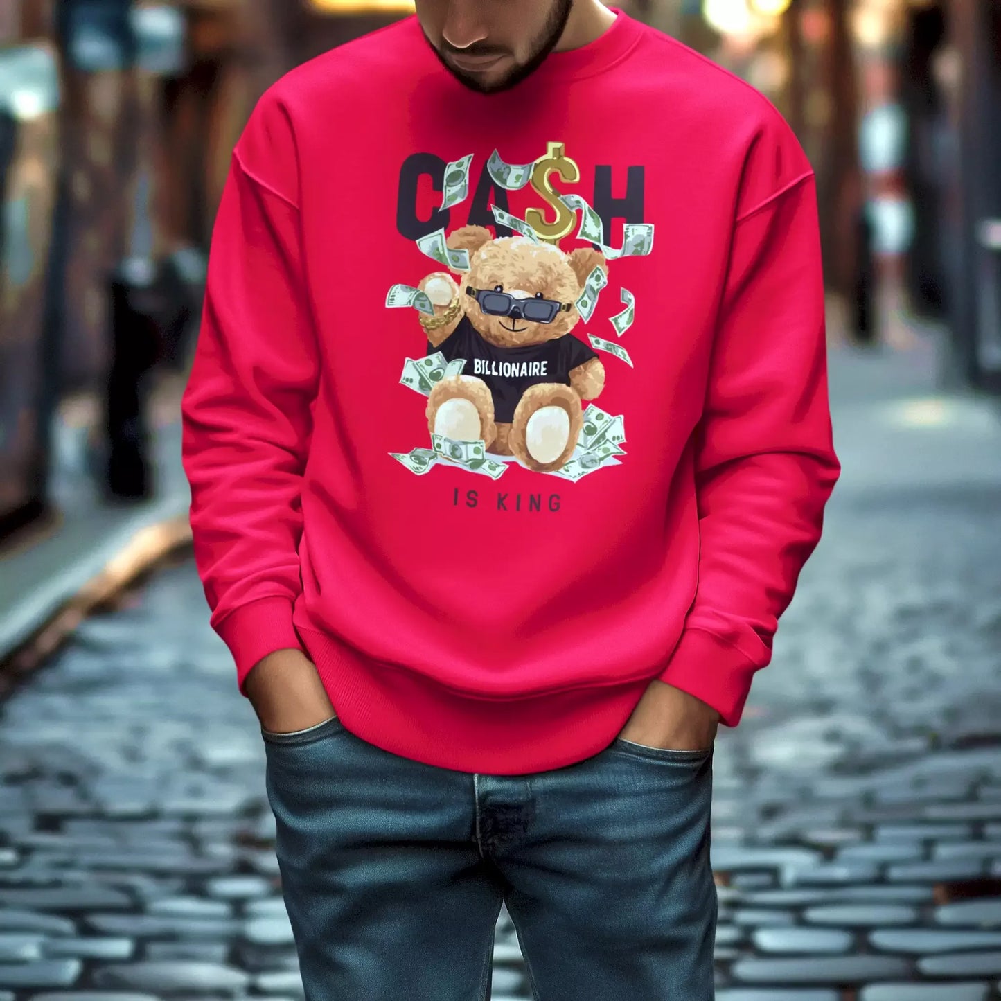Red sweatshirt showing off a bear with money and urban confidence – Κόκκινο φούτερ με αρκούδο και χρήματα, γεμάτο αυτοπεποίθηση
