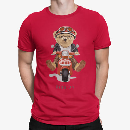 Red t-shirt with Ride On bear graphic and street style helmet – Κόκκινο t-shirt με μοτοσυκλετιστή teddy