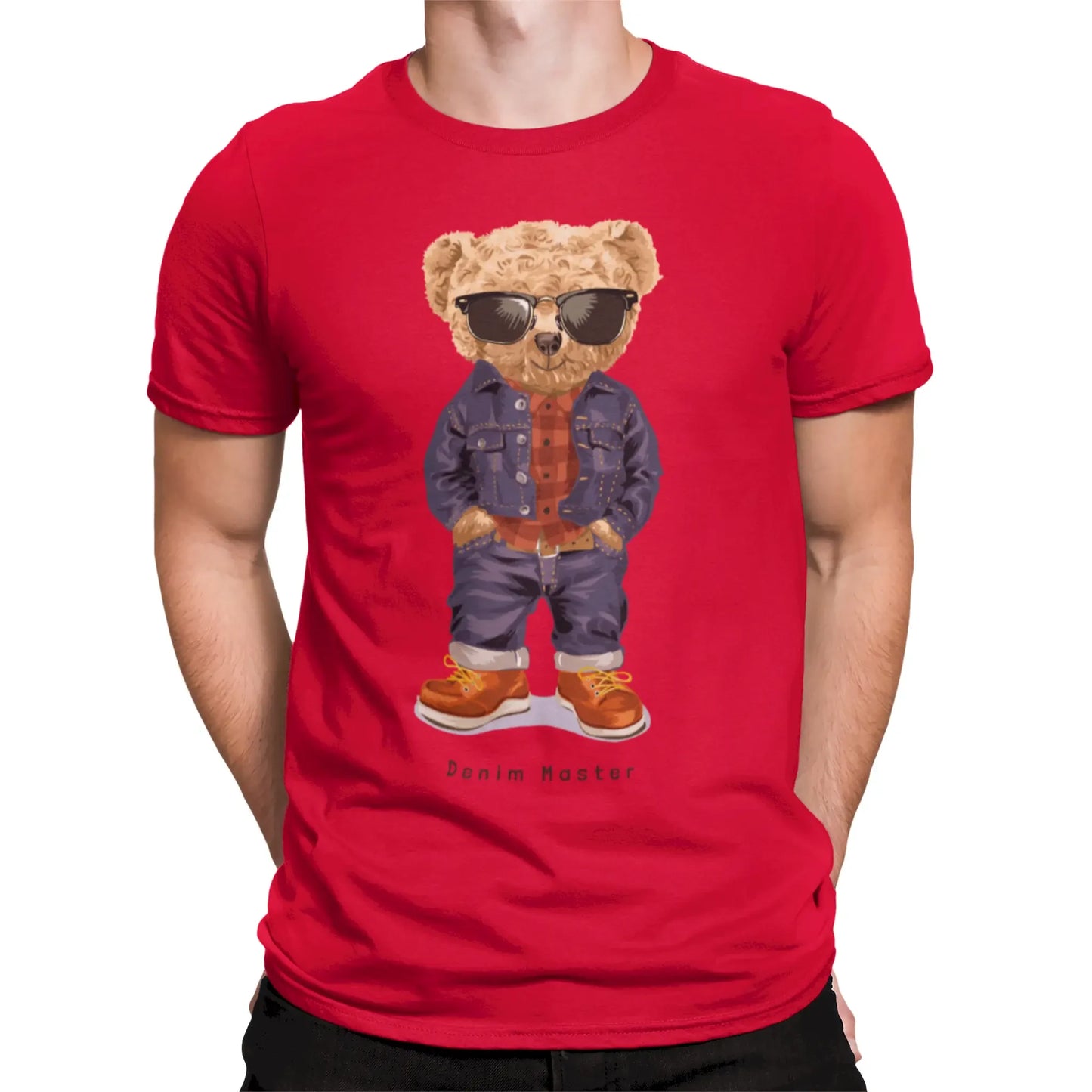 Red t-shirt with denim-clad bear graphic print – Κόκκινη μπλούζα με γραφικό αρκουδάκι σε τζιν ντύσιμο