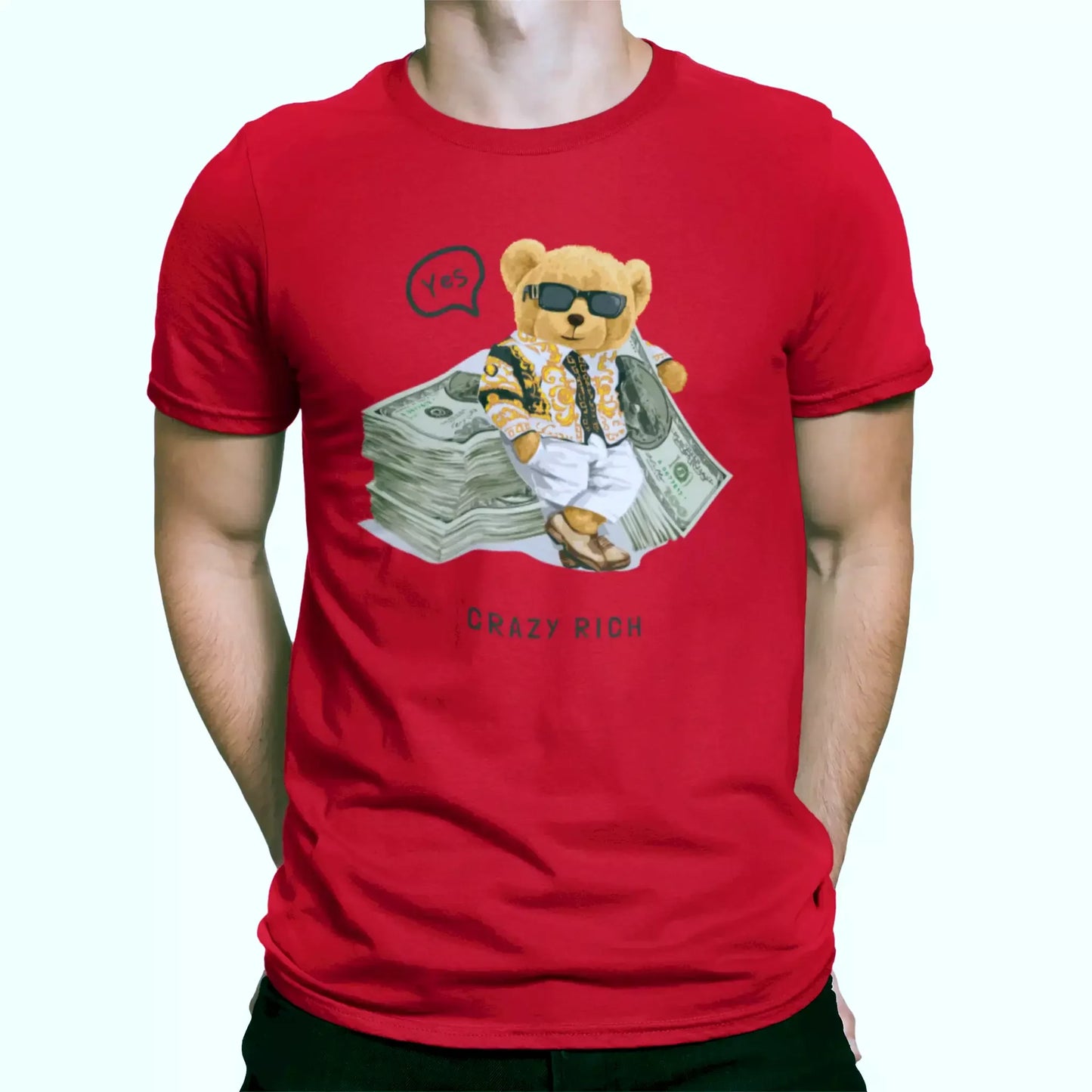 Red t-shirt with flashy teddy bear and dollar stack print – Κόκκινο μπλουζάκι με αρκουδάκι και σχέδιο δεσμίδων δολαρίων