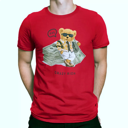 Red t-shirt with flashy teddy bear and dollar stack print – Κόκκινο μπλουζάκι με αρκουδάκι και σχέδιο δεσμίδων δολαρίων