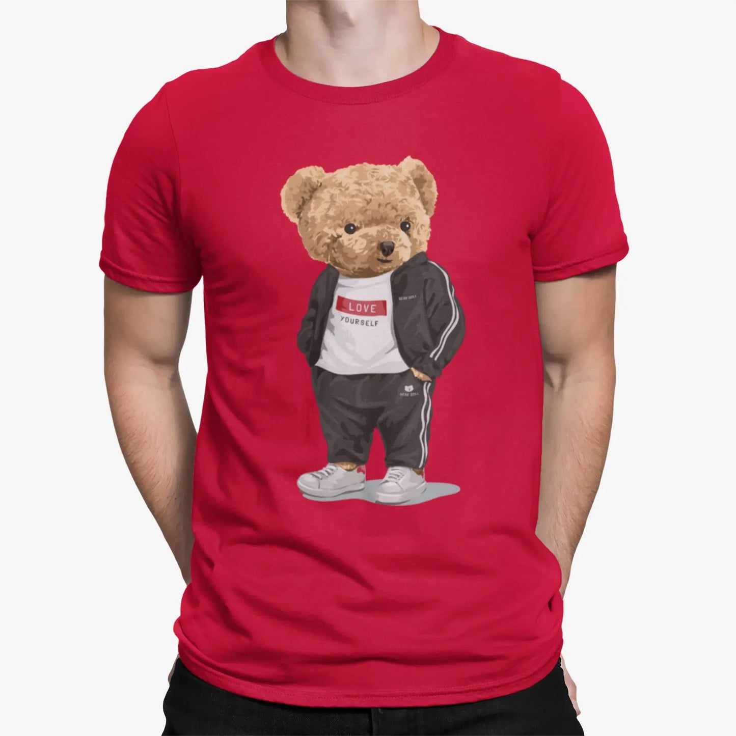 Red t-shirt with motivational teddy bear in black tracksuit – κόκκινο μπλουζάκι με αρκουδάκι και Love Yourself graphic.