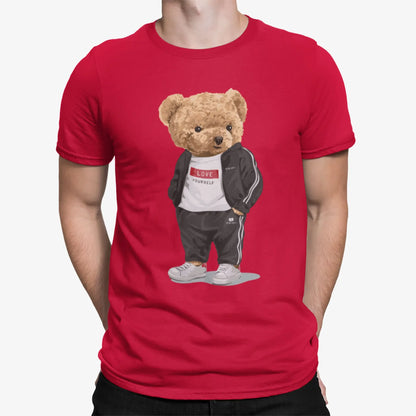 Red t-shirt with motivational teddy bear in black tracksuit – κόκκινο μπλουζάκι με αρκουδάκι και Love Yourself graphic.