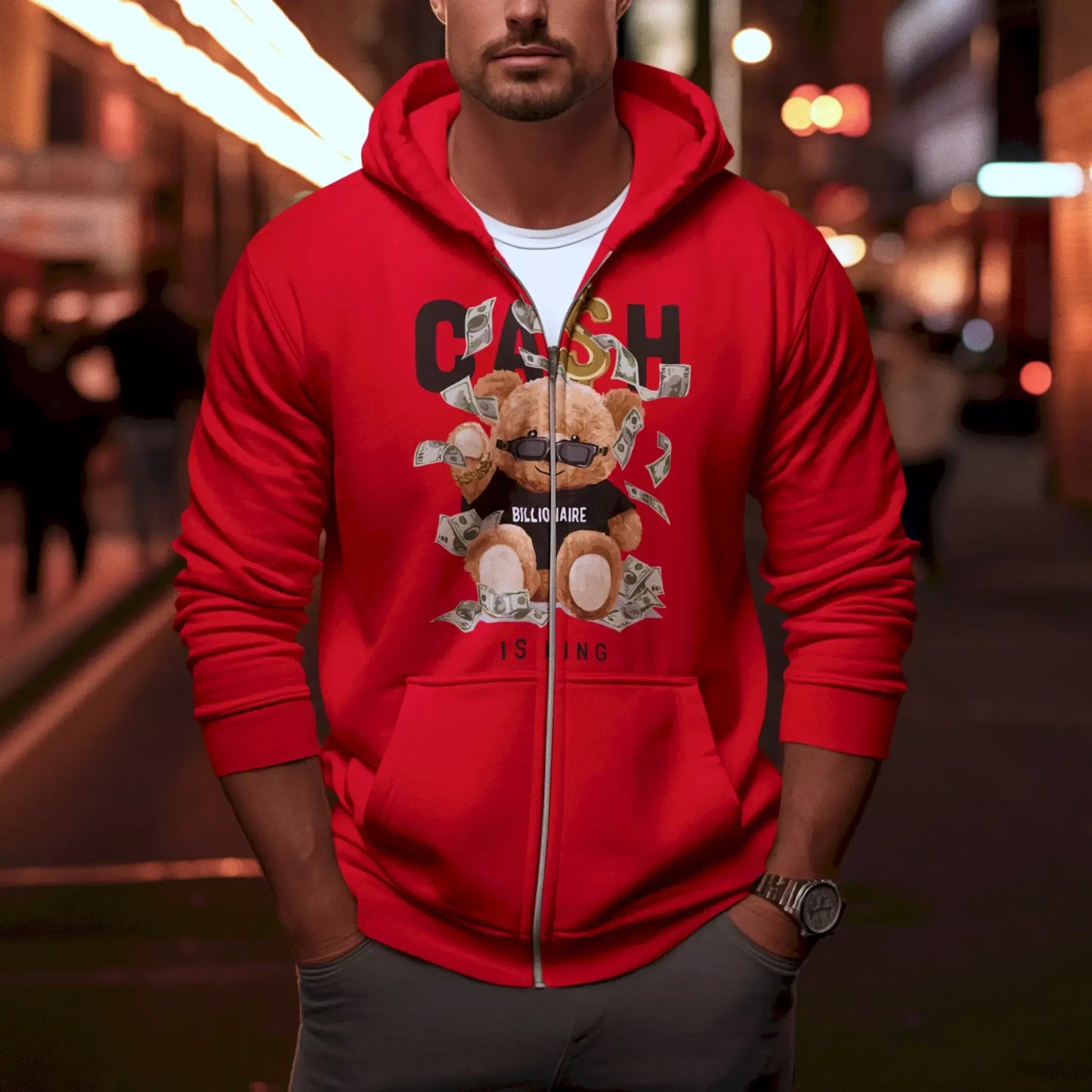 Red zip-up hoodie with vibrant cash-teddy artwork for full attention – Κόκκινη ζακέτα με κουκούλα και φερμουάρ με ζωηρό σχέδιο αρκούδου και χρημάτων