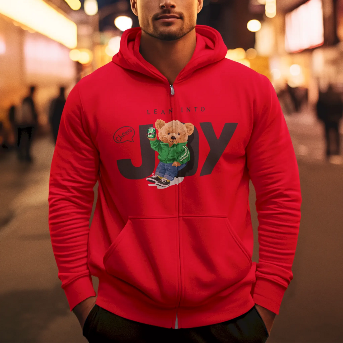 Red zip hoodie featuring a happy teddy with beer – Κόκκινη ζακέτα με αρκουδάκι που κρατάει μπύρα.