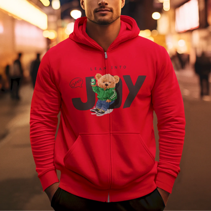 Red zip hoodie featuring a happy teddy with beer – Κόκκινη ζακέτα με αρκουδάκι που κρατάει μπύρα.