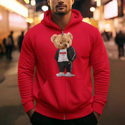 Red zip hoodie featuring teddy and positive message – κόκκινη ζακέτα με αρκουδάκι και inspirational look