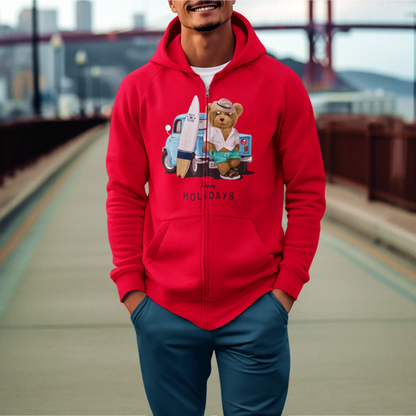 Red zip hoodie featuring teddy surfer in vacation look – Κόκκινη ζακέτα με teddy surfer σε summer vibe.
