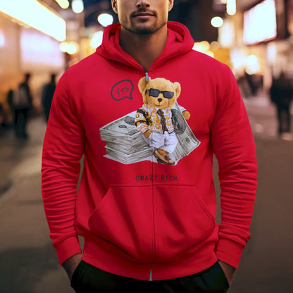 Red zip hoodie with gold-dripping teddy and cash design – Κόκκινη ζακέτα με σχέδιο teddy και χρυσές λεπτομέρειες