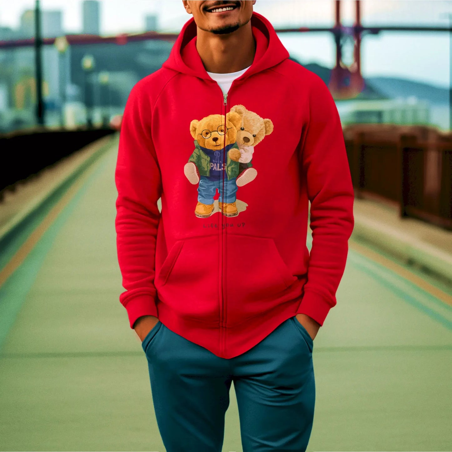 Red zip hoodie with teddy bears in a heartwarming pose – κόκκινη ζακέτα με σχέδιο δύο αρκουδάκια