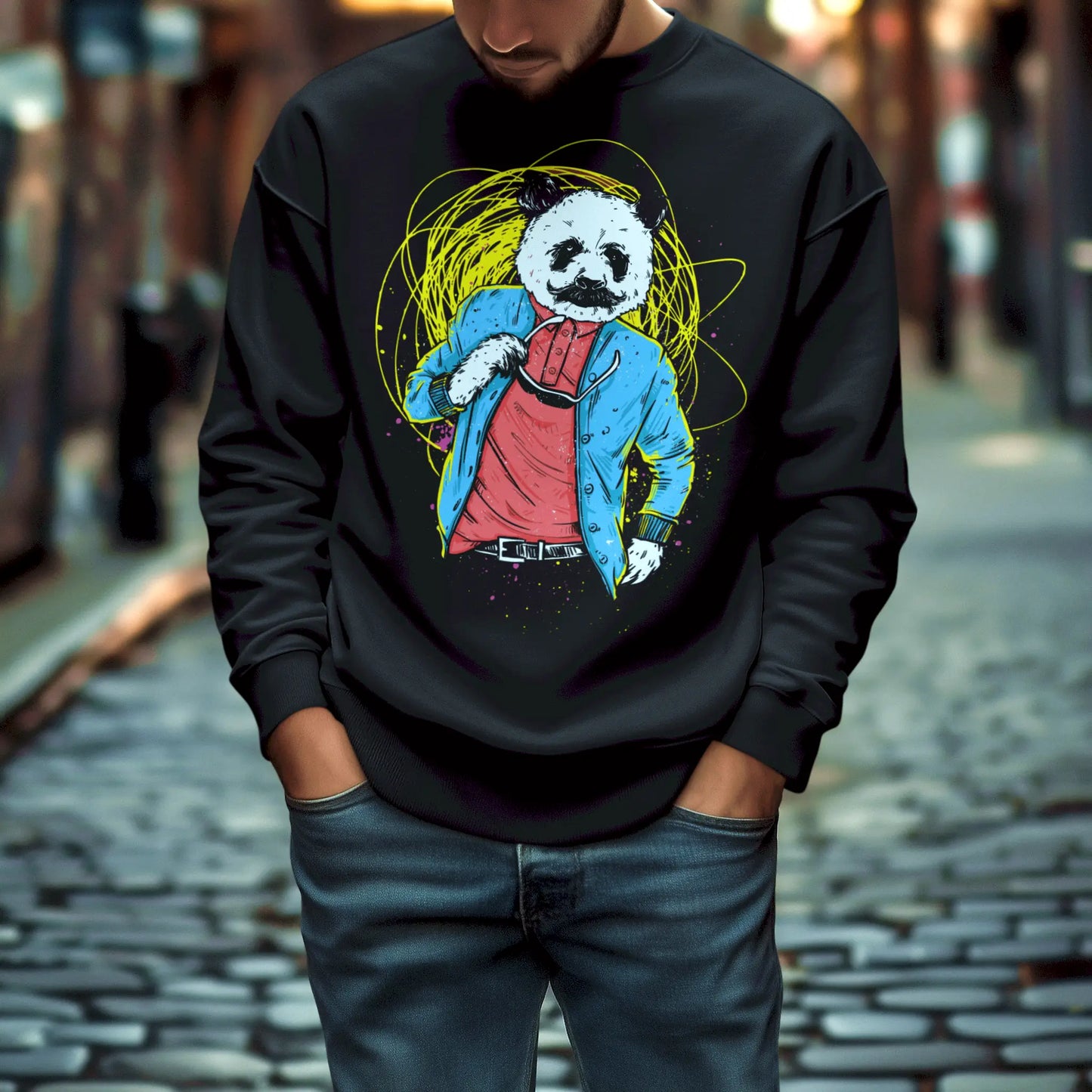 Relaxed fit black sweatshirt featuring peaceful panda character – Μαύρο sweatshirt με άνετη εφαρμογή και ήρεμο panda χαρακτήρα