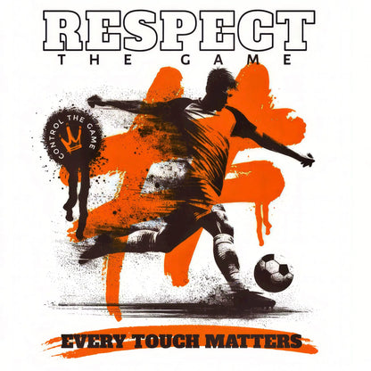 Respect the Game football design με δυναμικό soccer player silhouette - εκρηκτικό orange και black graphic art που εκφράζει το πάθος για το ποδόσφαιρο και την αγάπη για το ωραίο παιχνίδι 