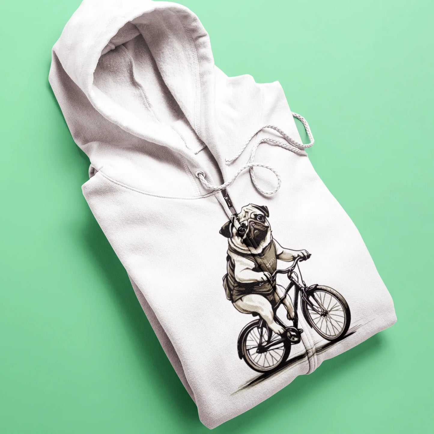 Retro cartoon dog riding bicycle on white zip hoodie | Pug σε ρετρό ποδήλατο σε λευκό hoodie με φερμουάρ