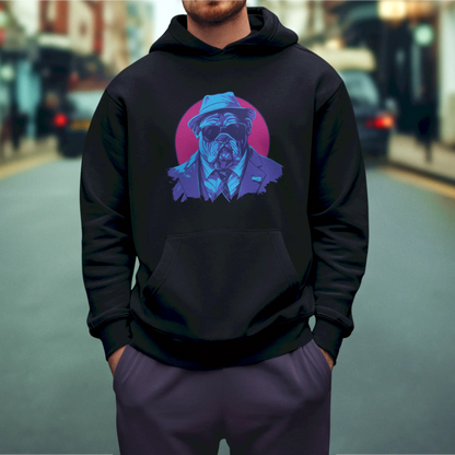 Retro mobster dog design enhances urban black hoodie – Το ρετρό σχέδιο σκύλου μαφιόζου αναβαθμίζει το urban μαύρο hoodie