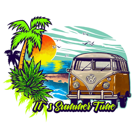 Retro summer illustration featuring a vintage Volkswagen van on a tropical beach under a bright sun, with palm trees and the neon green typography It's Summer Time - Ρετρό καλοκαιρινό σχέδιο με φολκσβάγκεν κλούβα