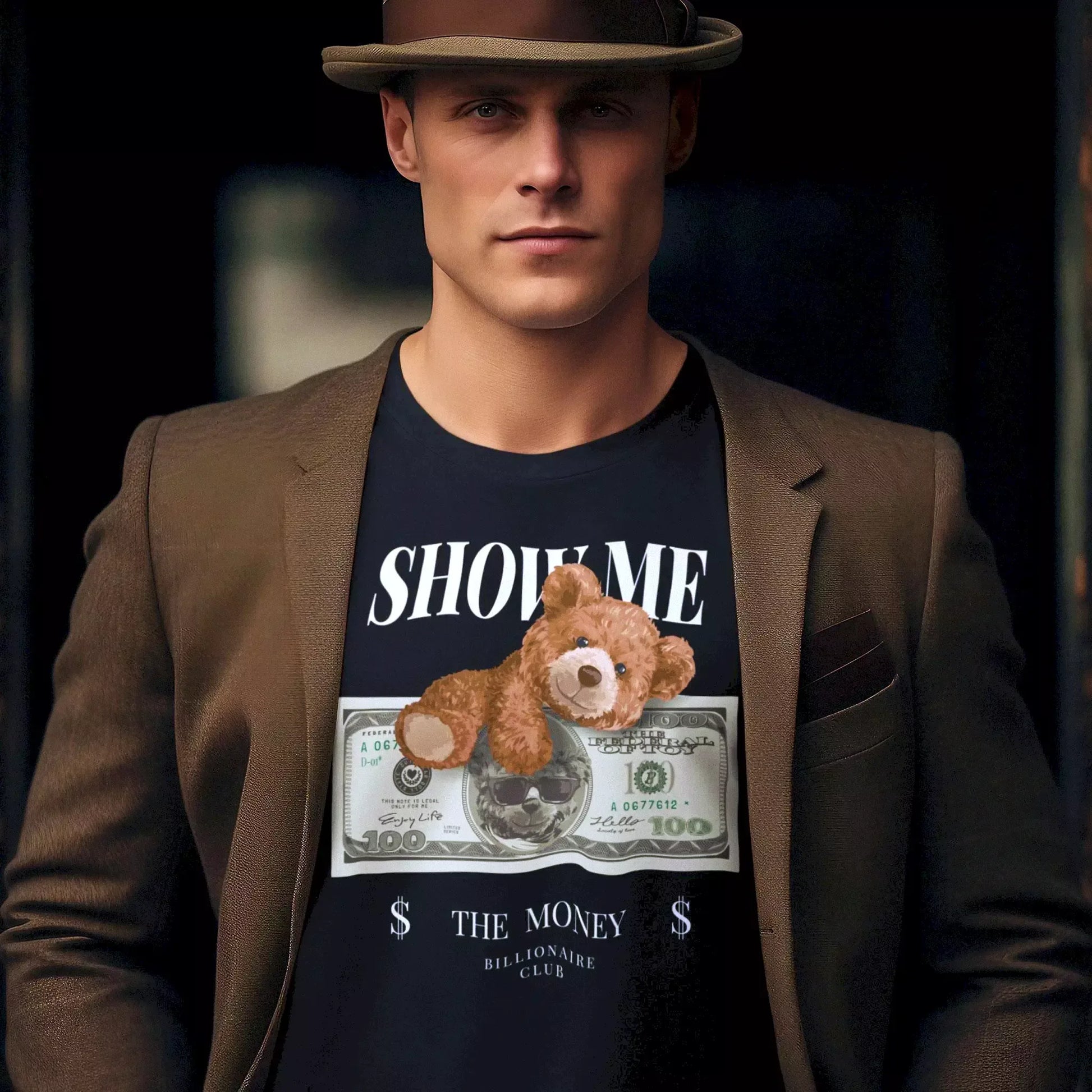 Rich teddy print on black long sleeve tee with street vibe energy – Εκτύπωση πλούσιου αρκούδου σε μαύρο μακρυμάνικο μπλουζάκι με street αύρα