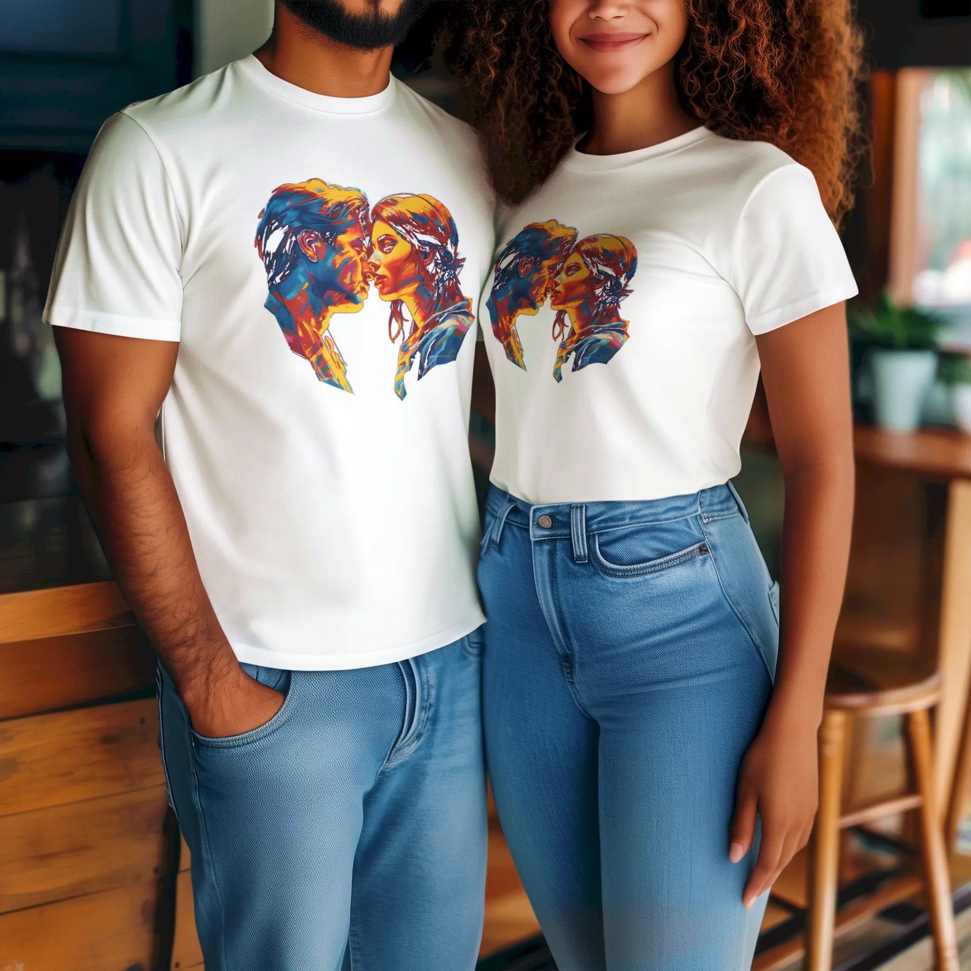 Romance comes alive on this white t-shirt with vivid kiss design – Ο ρομαντισμός ζωντανεύει σε αυτό το λευκό t-shirt με ζωντανό σχέδιο φιλιού.