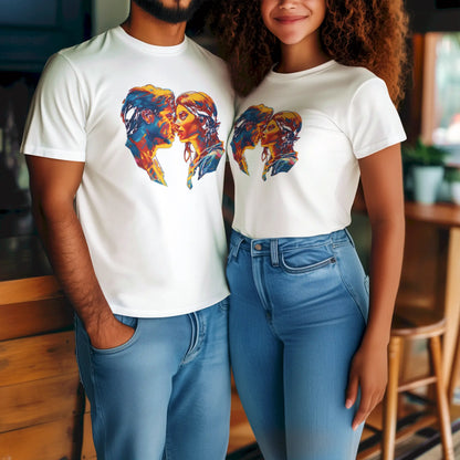 Romance comes alive on this white t-shirt with vivid kiss design – Ο ρομαντισμός ζωντανεύει σε αυτό το λευκό t-shirt με ζωντανό σχέδιο φιλιού.