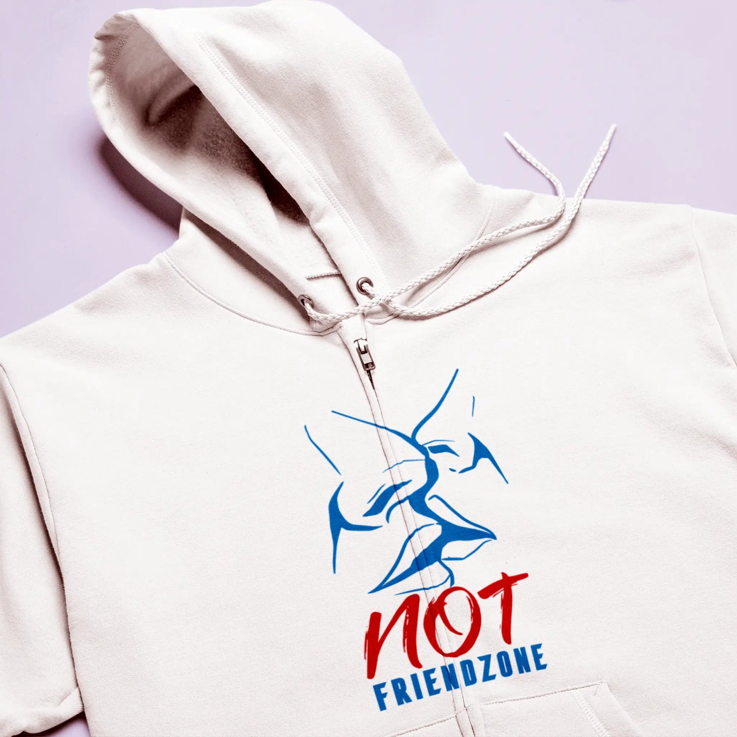 Romantic graphic 'Not Friendzone' slogan on white zip hoodie – Ρομαντικό γραφικό με το σύνθημα 'Not Friendzone' σε λευκή ζακέτα με κουκούλα