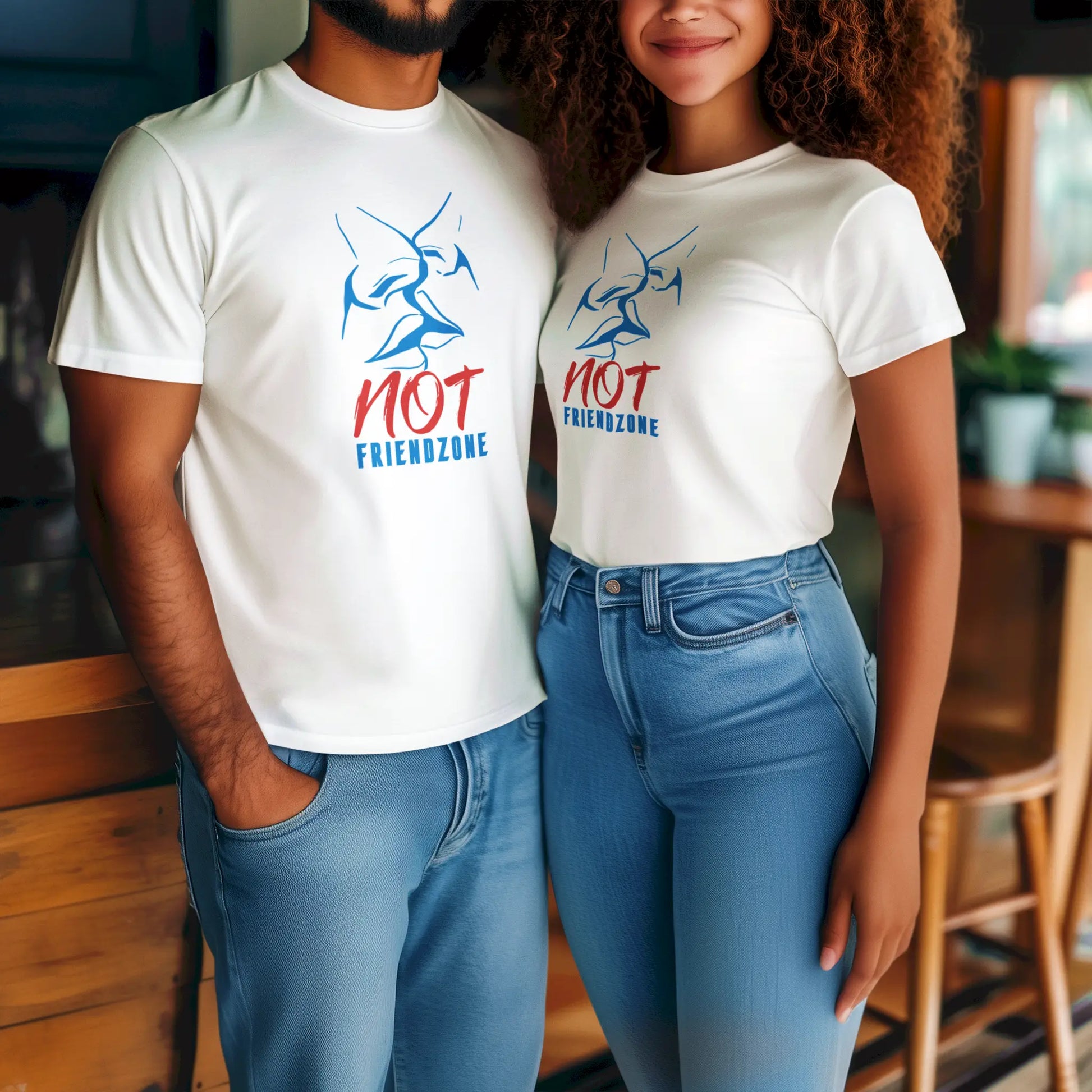 Romantic statement 'Not Friendzone' graphic on white t-shirt – Ρομαντικό μήνυμα 'Not Friendzone' σε λευκό μπλουζάκι.